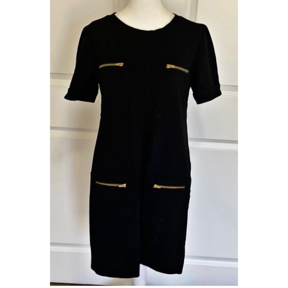 J. Crew Black Mod Shift Mini Dress. Gold zippers on Chest and Hips. Size 2. - Picture 3 of 14